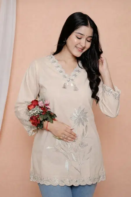 FF Off White Cotton Designer Western Online Ladies Top Tunic Wholesale